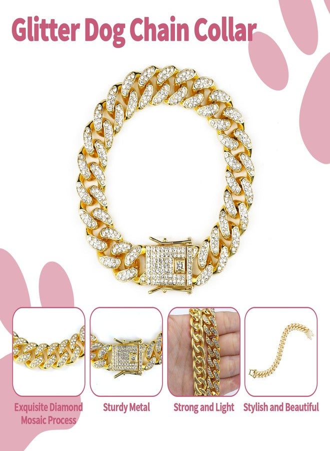 OXDFK Cuban Dog Chain Collars, Gold Crystal Pet Necklace, Metal Pet Necklace with Safety Buckle Lock, for Small Medium Large Dogs Cats (12 Inch) - Image 4